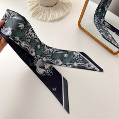 Dark Green Vintage Skinny Scarf Flower Print Long Ribbon Neckerchief