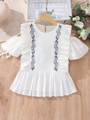 Girl s Shirt Porcelain Floral Embroidered Flutter Sleeve Peplum Blouse Top