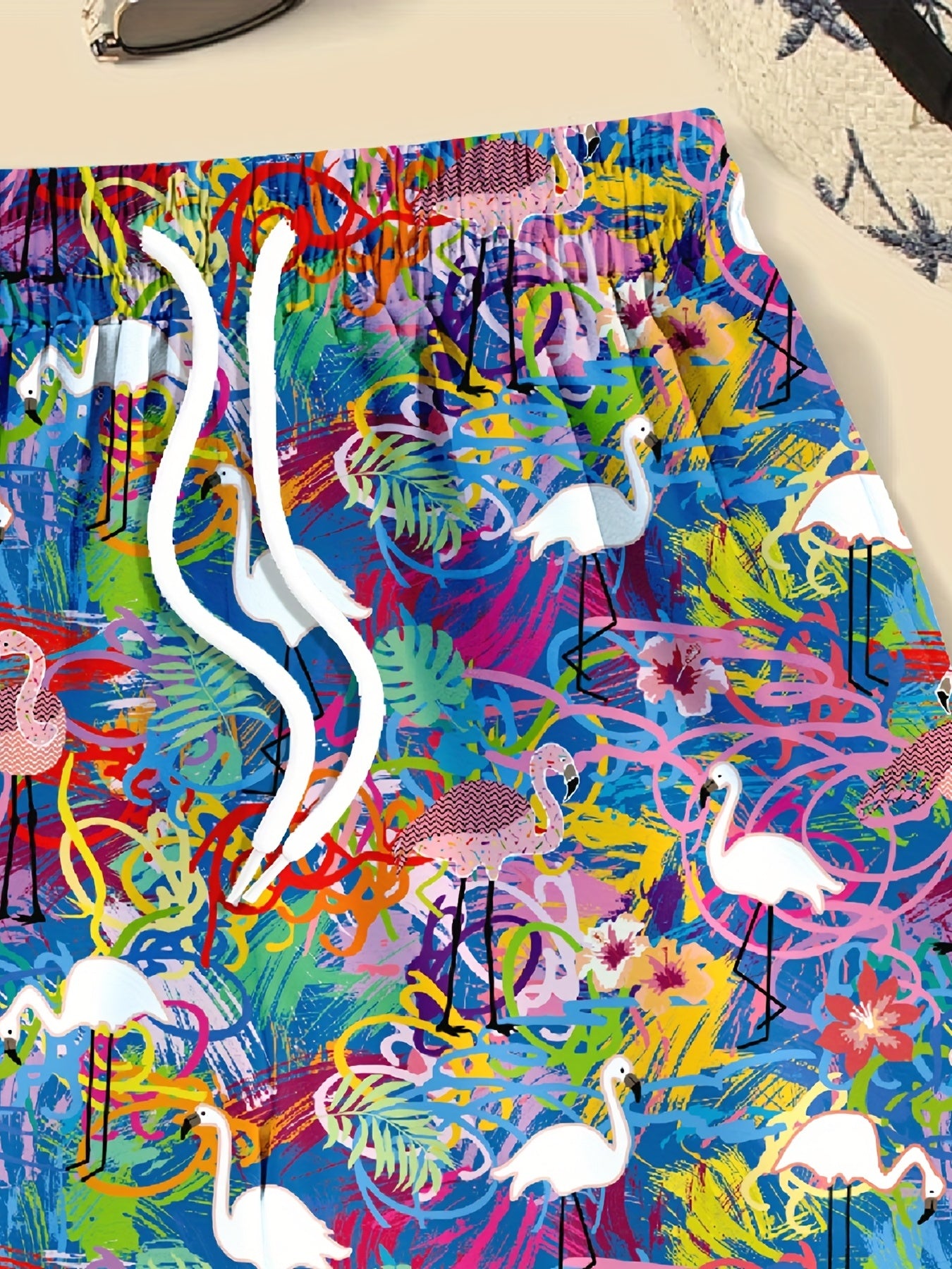 Boys Swim Trunks Elastic Waist Drawstring Beach Pants Colorful Flamingo Print
