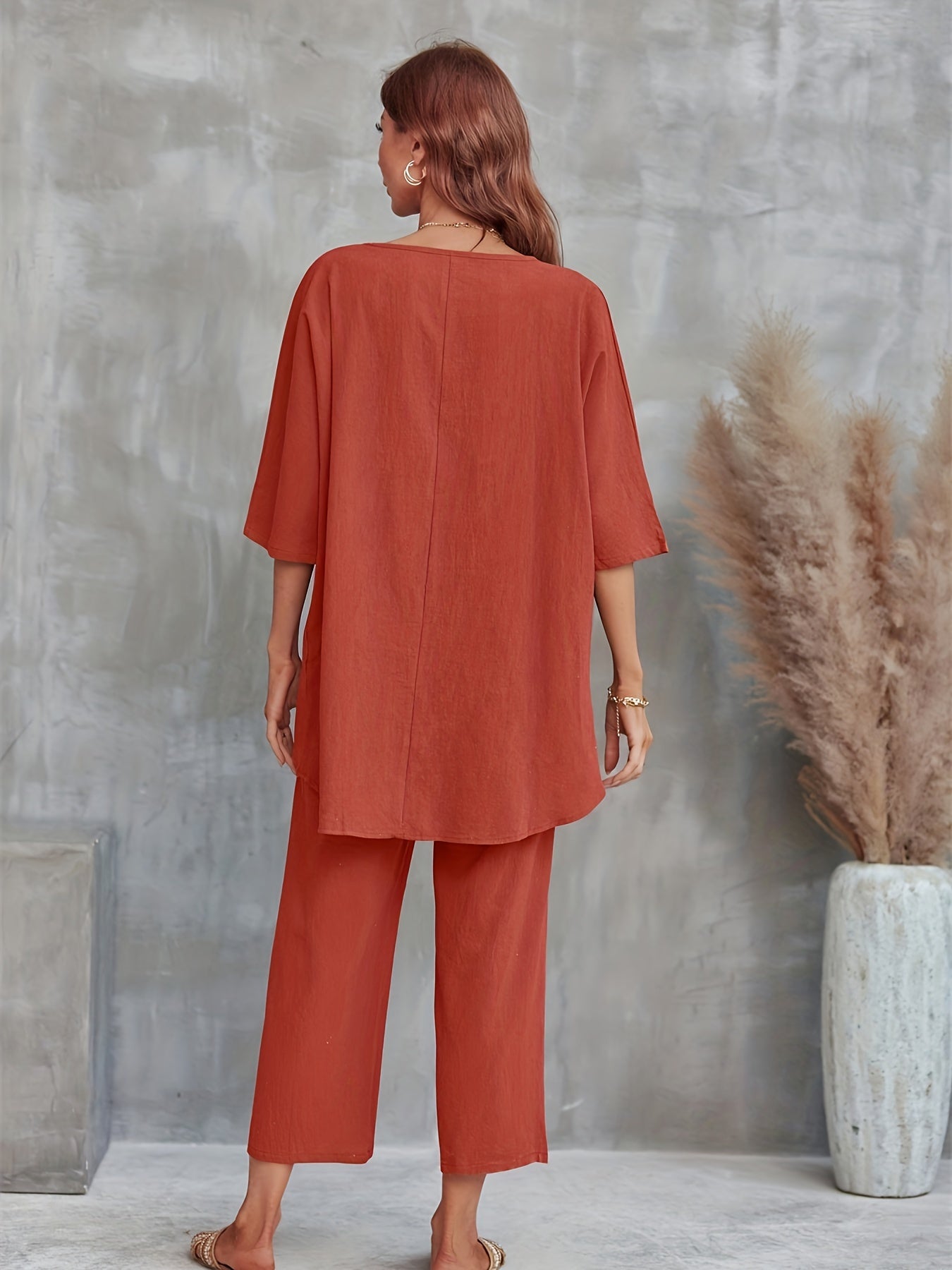 Casual 2pc Set Crew Neck Tee & Wide Leg Pants Women's Clothing