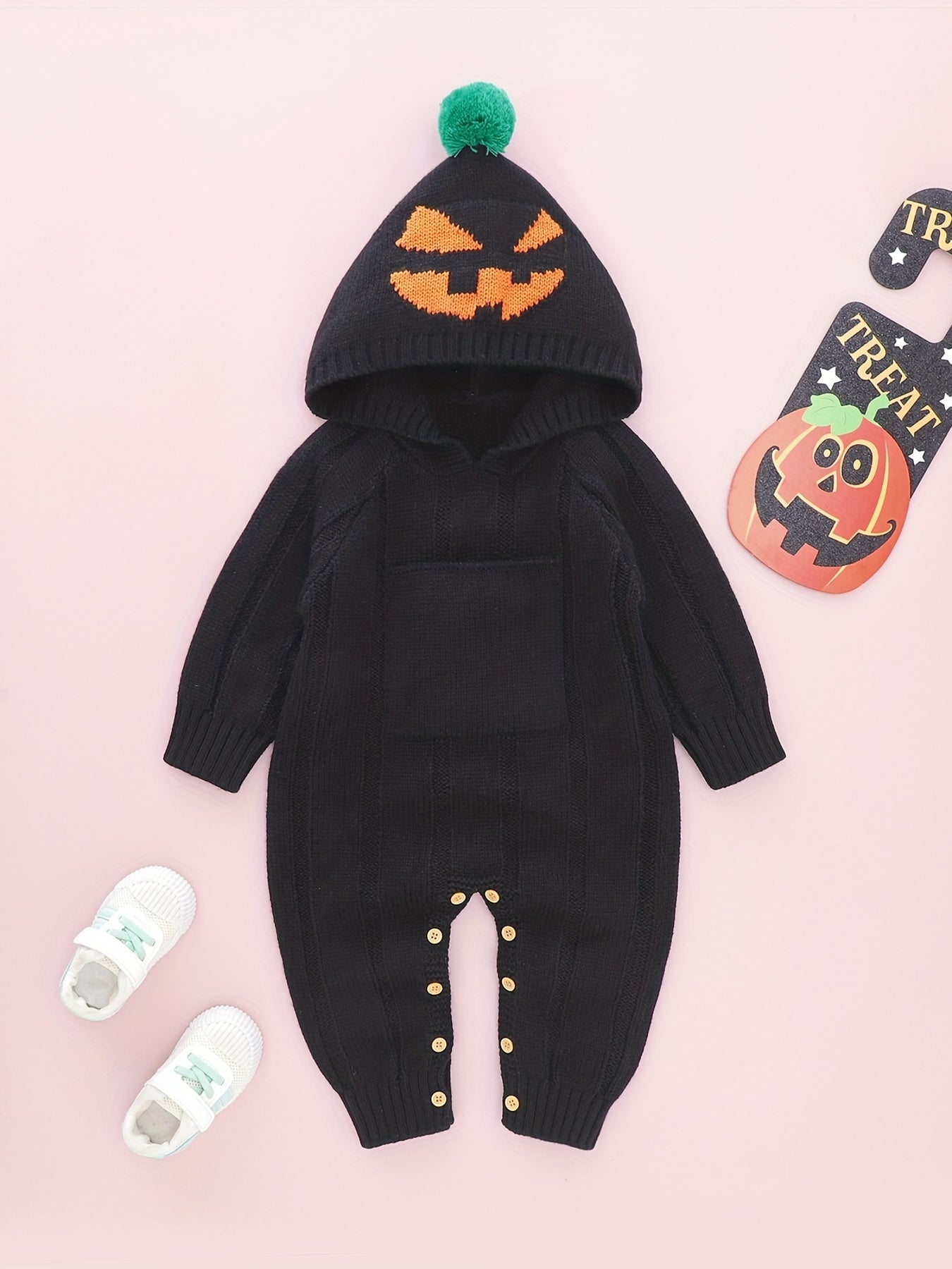 Baby Pumpkin Pattern Sweater Knit Bodysuit Halloween Party Hooded Romper