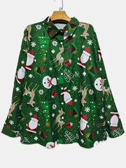 Christmas Casual Blouse Women's Plus Snowman & Elk Print Button Up