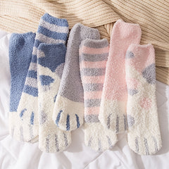 Cat Claw Print PomPom Socks Coral Fleece Women's Stockings