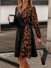 Leopard Print Wrap Dress Surplice Neck Long Sleeve Dress Women's Clothing