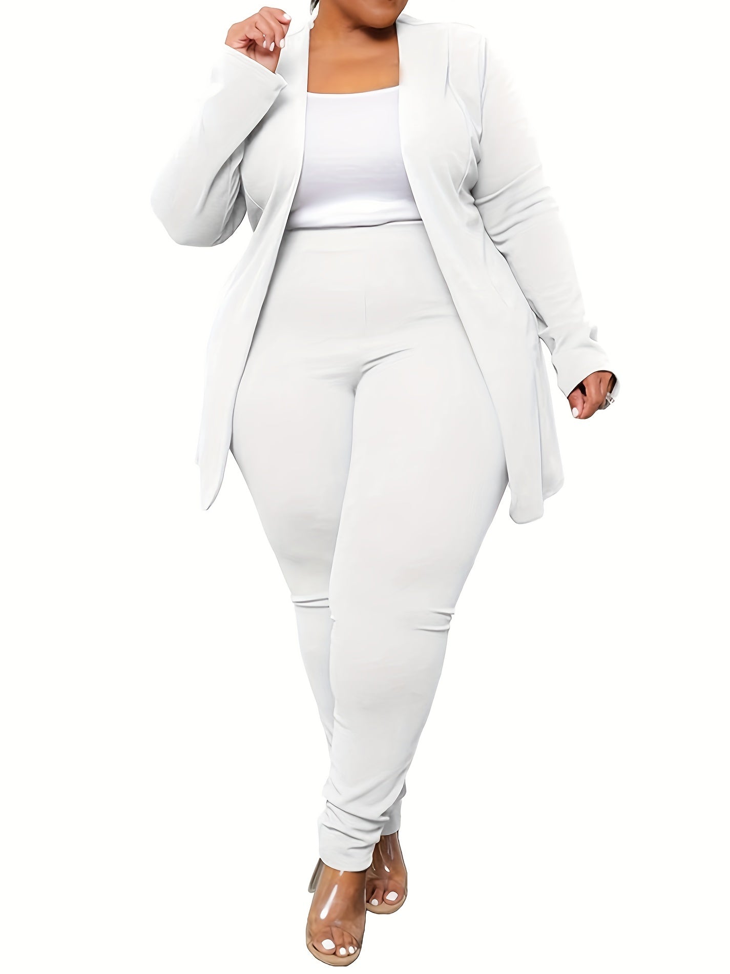 Women's Plus Solid Long Sleeve Open Front Top & Leggings Two Piece Set