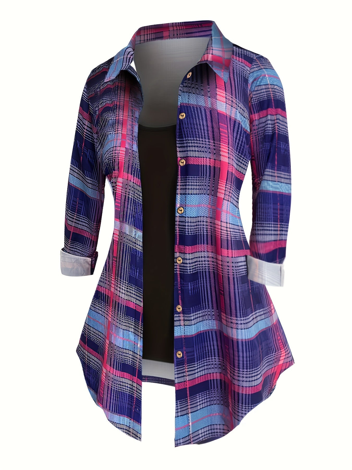 Plaid Print Button Up Blouse & Cami Top 2 Piece Set
