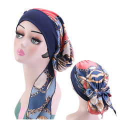 Navy Chain Print Turban Cap Satin Elastic Headband Wrap Hair Cap