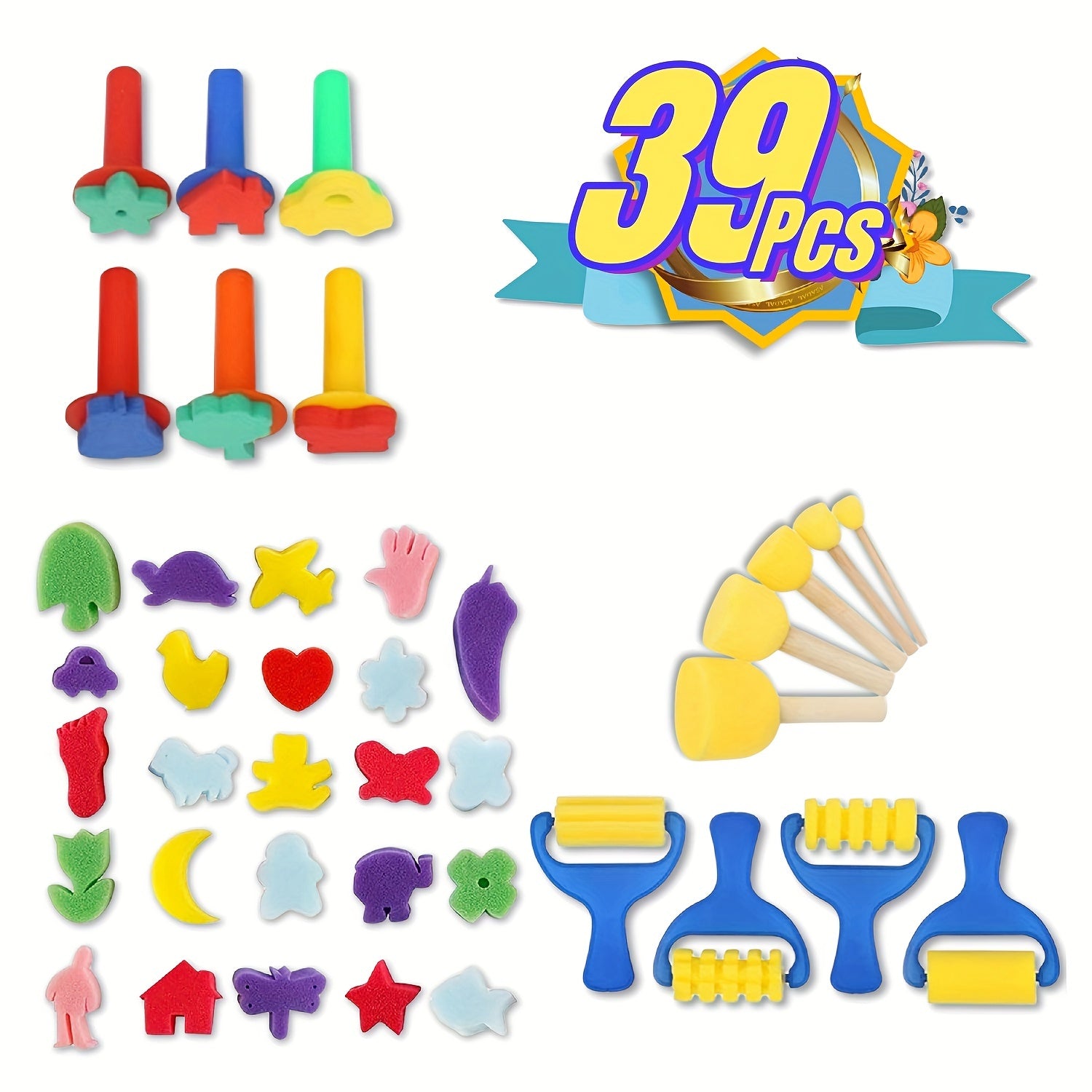 39pcs Paint Sponges for Kids Early Learning Toddler Sponge Brushes Stamps Foam