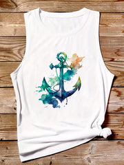 Watercolor Anchor Print Tank Top Sleeveless Summer Women's Top