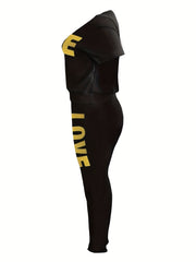 Love Print Short Sleeve Top & Pants Set Women's Plus Sport