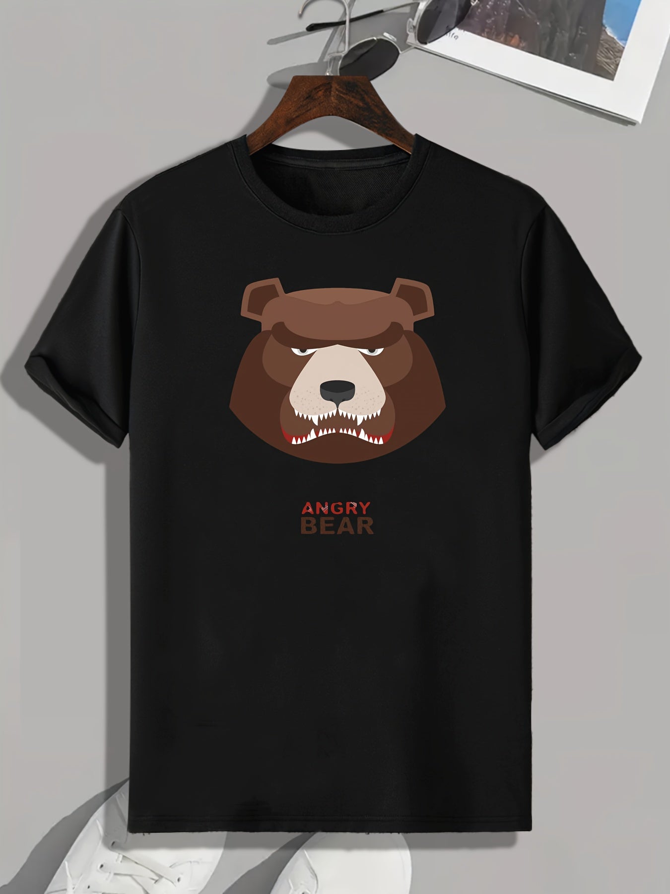 Angry Bear Pattern Print Men's Comfy Sports T-shirt Graphic Tee
