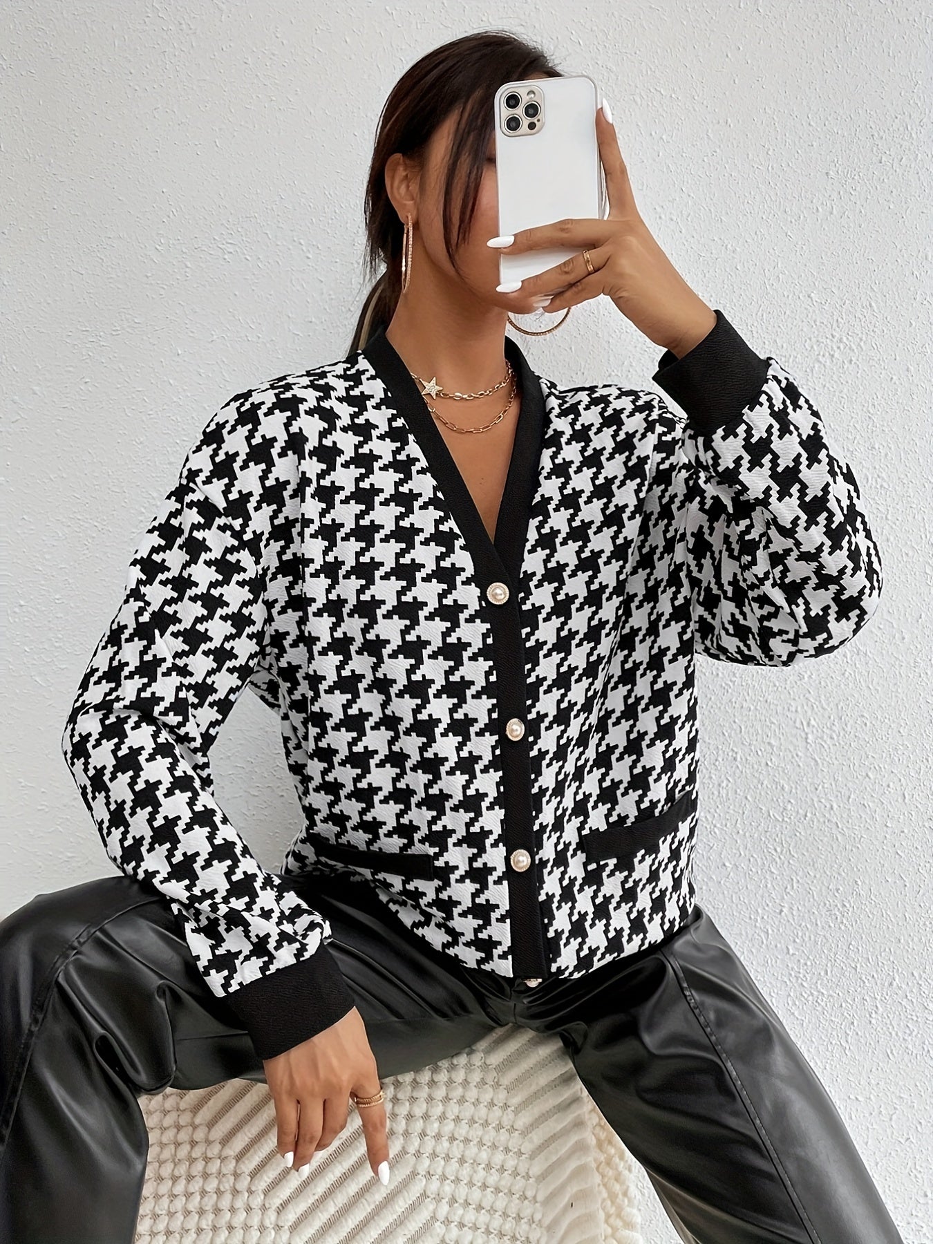 Button Plaid Contrast Trim Jacket for Women