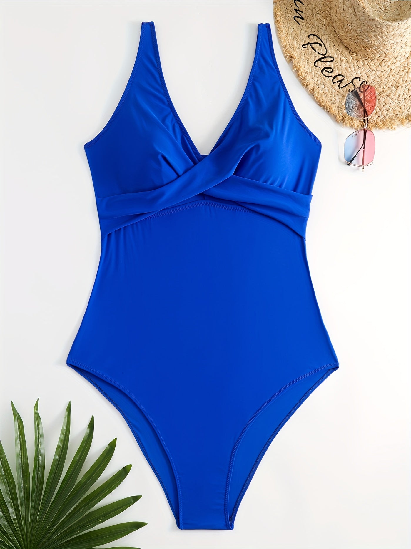 Solid Criss Cross V Neck One Piece Swimsuit
