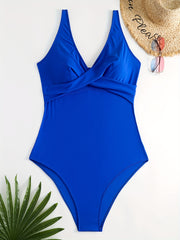 Solid Criss Cross V Neck One Piece Swimsuit