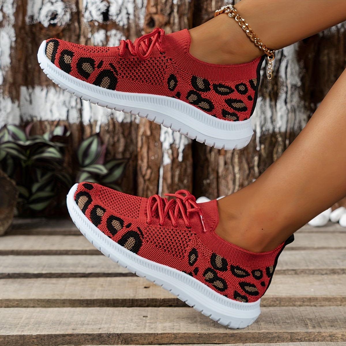 Leopard Printed Knit Sneakers Lace Up Round Toe Soft Sole Flatform Shoes