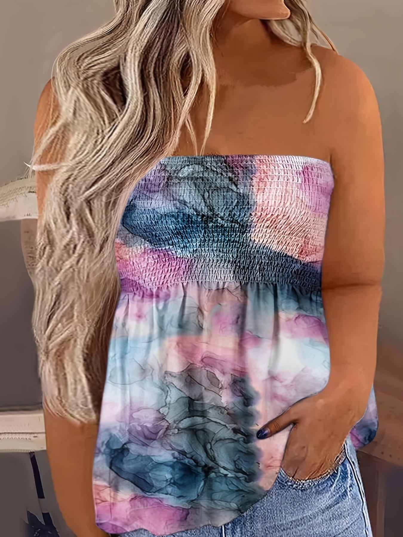 Sexy Plus Size Tube Top Women's Graphic Print Shirred Stretch Top