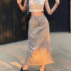 Solid Cargo Skirt High Waist Split Skirt