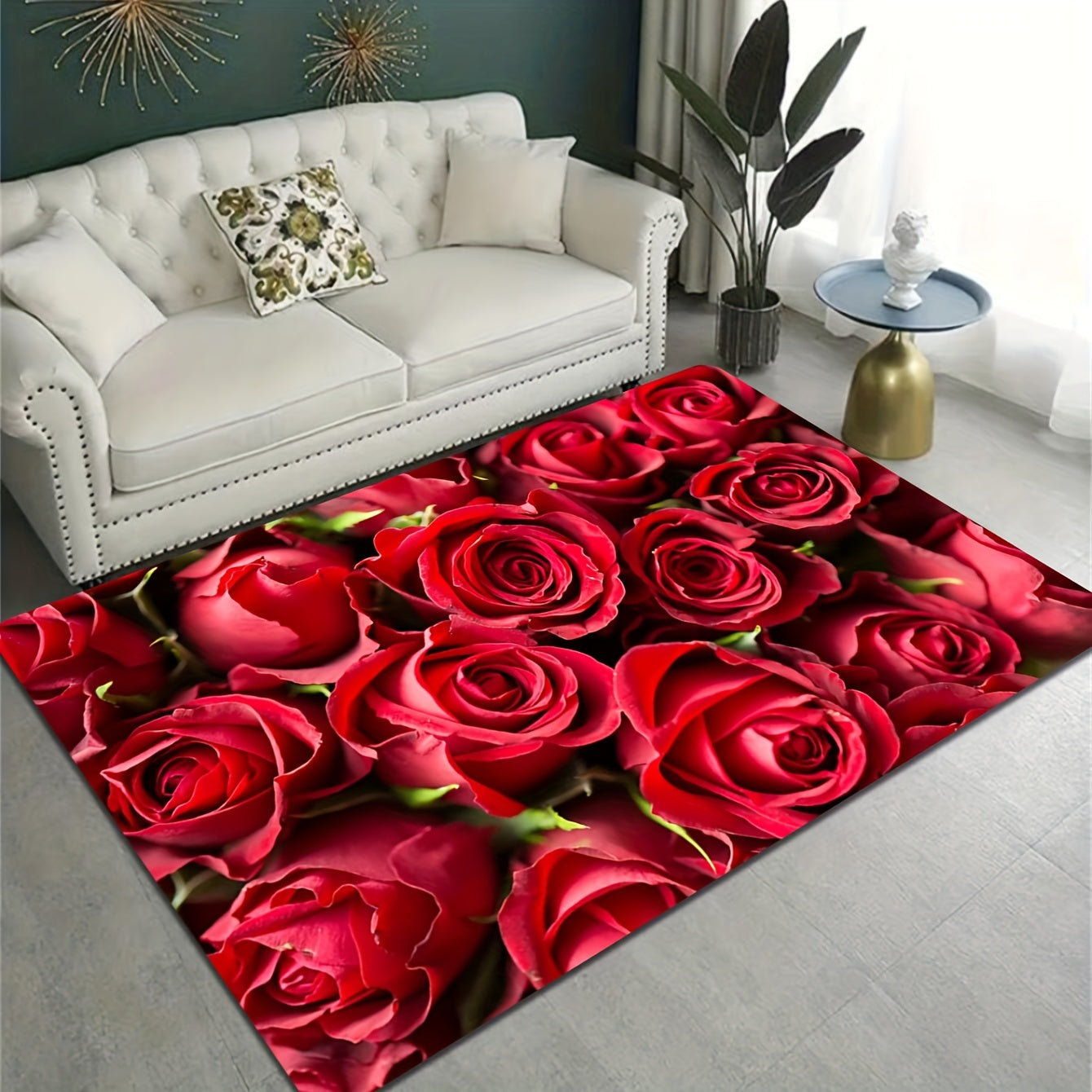 Element Rug Red Rose Pattern Machine Washable Floor Mat