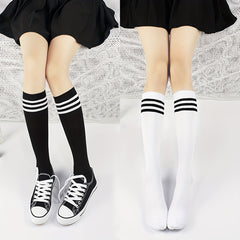 Striped Trim Calf Socks Women's Knee High Stockings