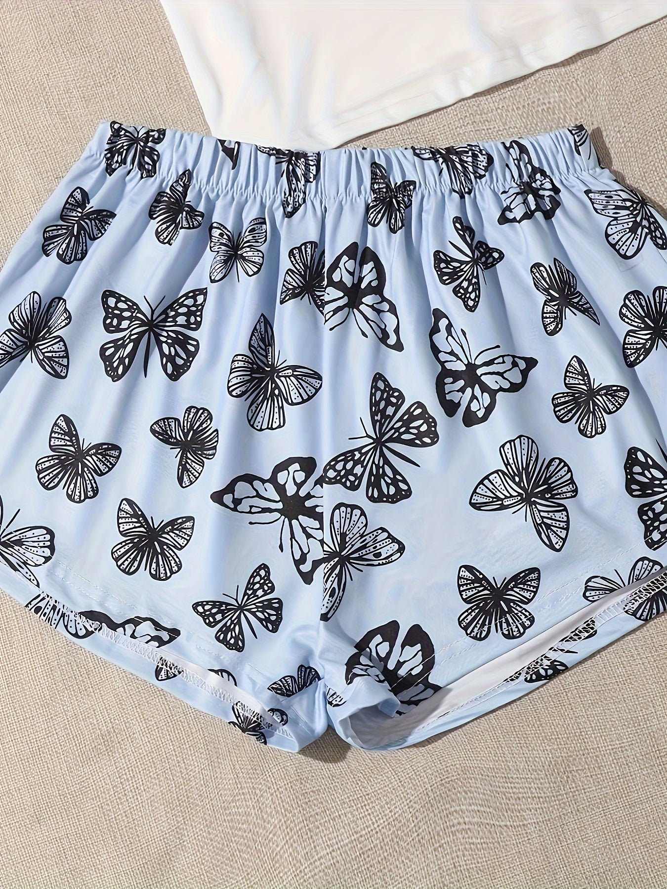Butterfly Print 3pc Pajama Set Round Neck Cami Top Shorts Pants