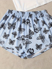 Butterfly Print 3pc Pajama Set Round Neck Cami Top Shorts Pants