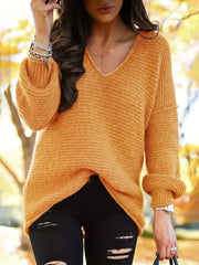 Drop Shoulder Solid Knit Sweater V Neck Lantern Sleeve