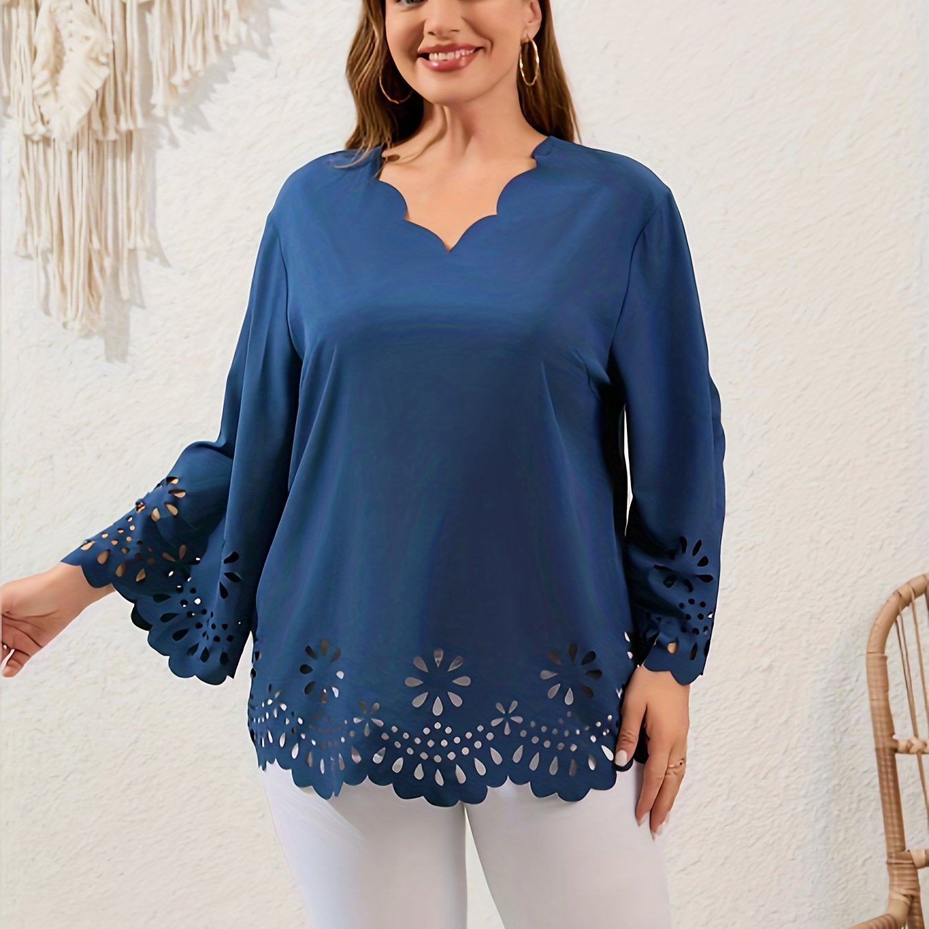 Embroidered Floral Trim V Neck Plus Size Blouse