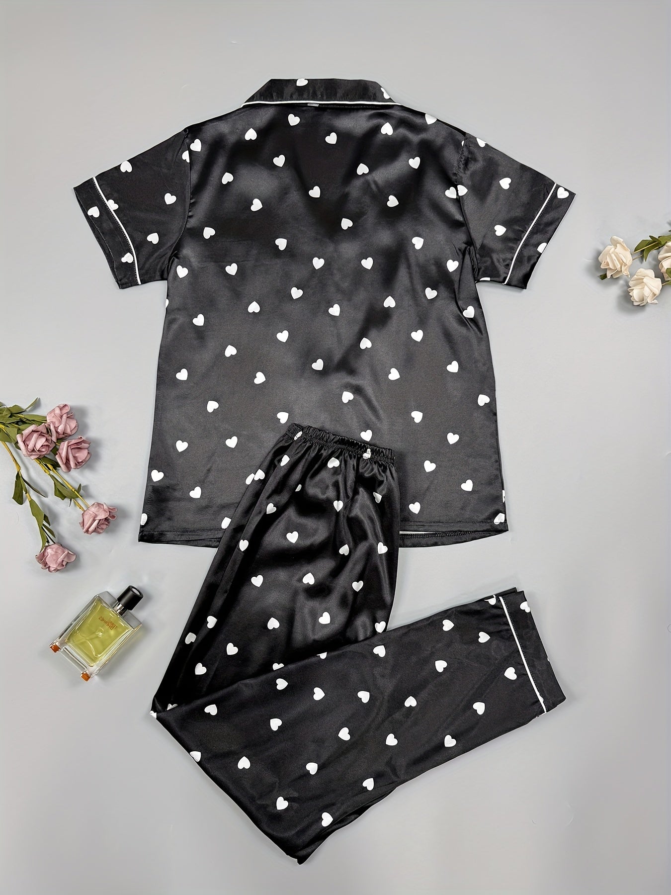 Heart Print Satin Pajama Set Long Sleeve Button Up Top & Elastic Waistband Pants