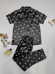 Heart Print Satin Pajama Set Long Sleeve Button Up Top & Elastic Waistband Pants