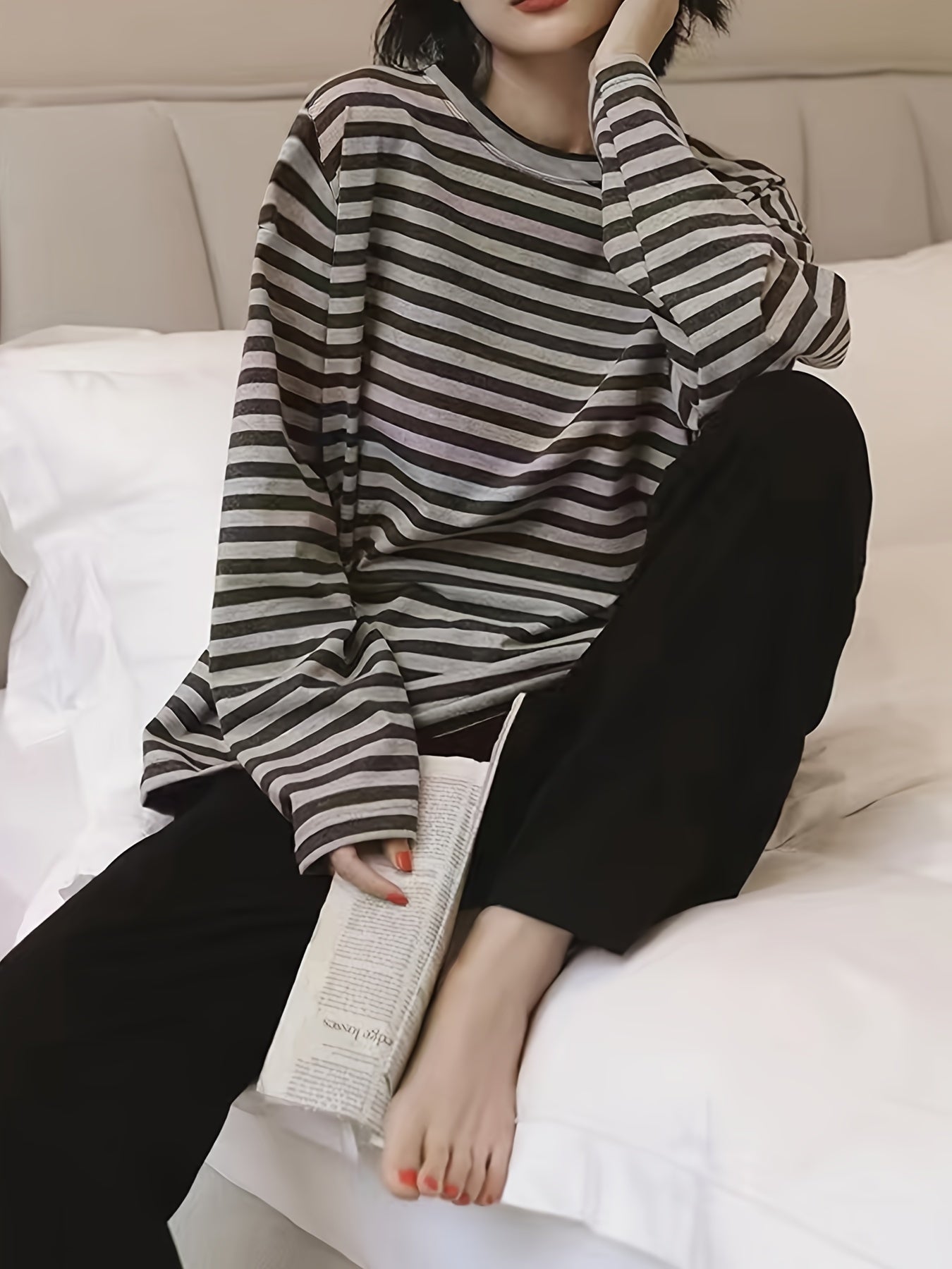 Striped Print Pajama Set Long Sleeve Top & Pants
