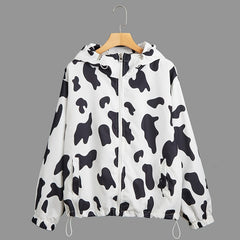 Cow Print Zip Up Hooded Jacket Y2K Coat