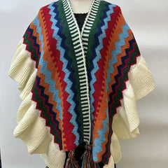 Boho Ruffles Knitted Shawl Geometric Tassel Cape