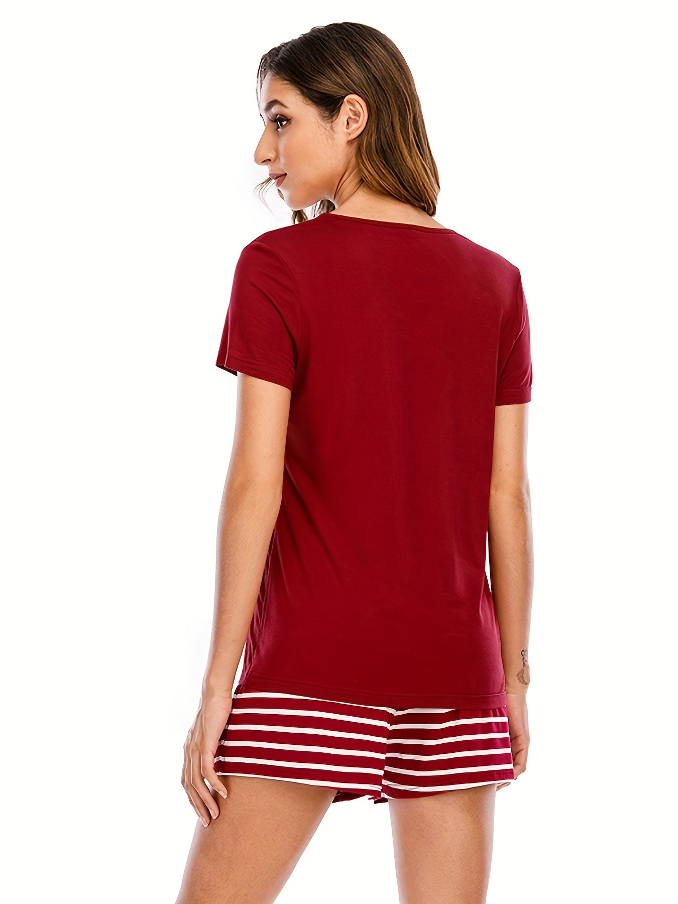 Cat Print Pajama Set Short Sleeve Top & Striped Shorts