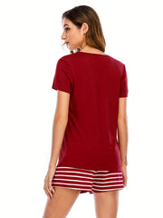 Cat Print Pajama Set Short Sleeve Top & Striped Shorts