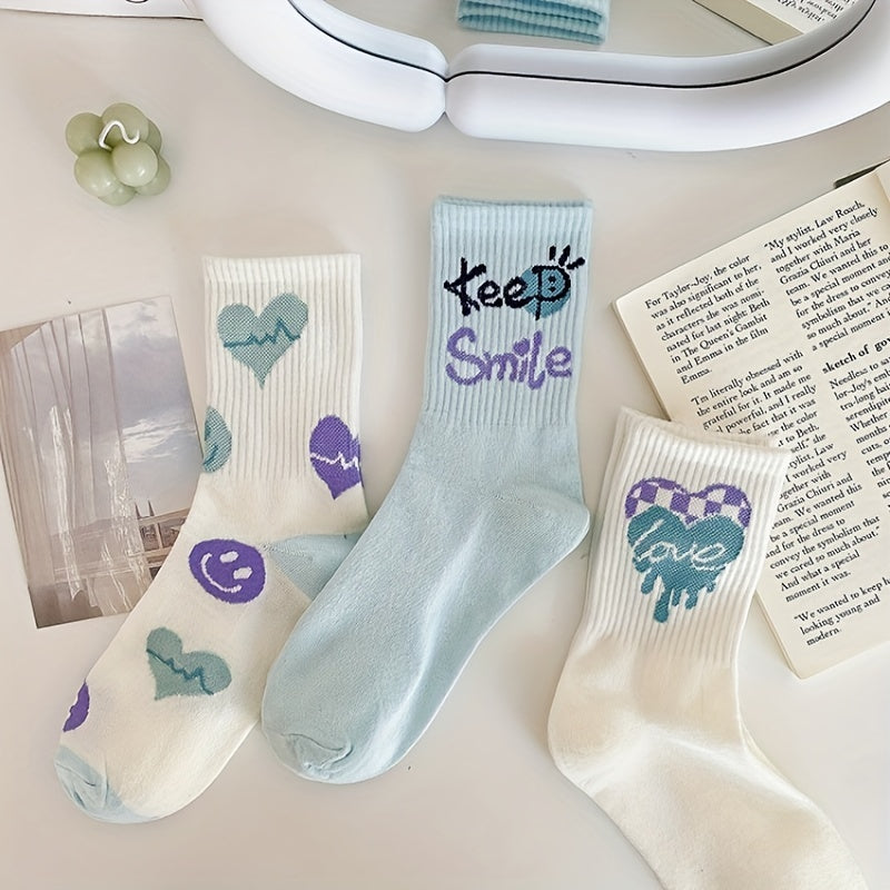 3 Pairs Heart Print Socks Mid Tube Women's Stockings