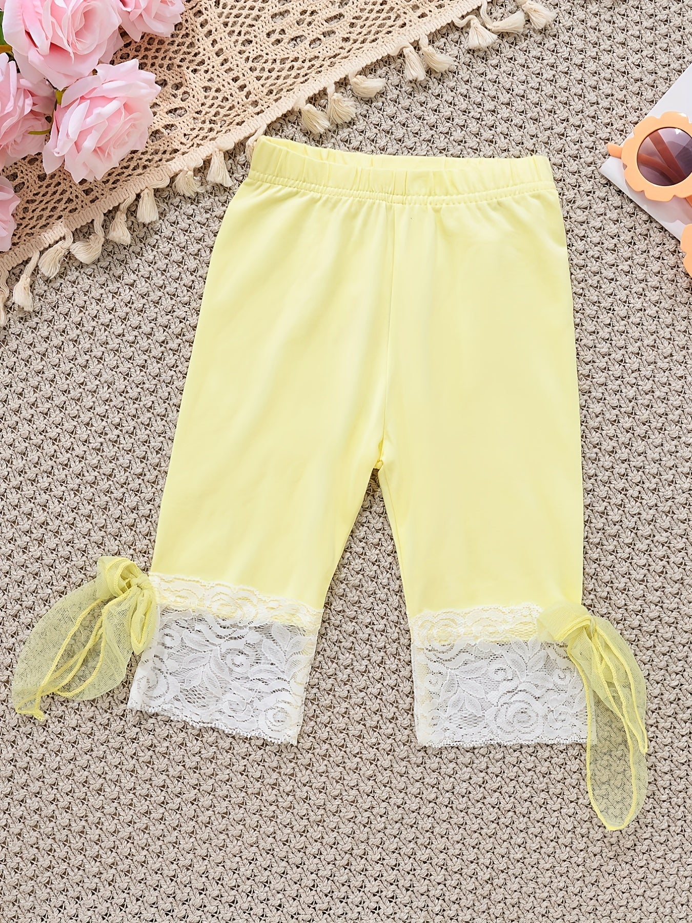 Girls Mesh Tie Bow Lace Cropped Leggings