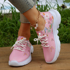 Women's Knitted Sneakers Floral & Butterfly Print Sports Shoes