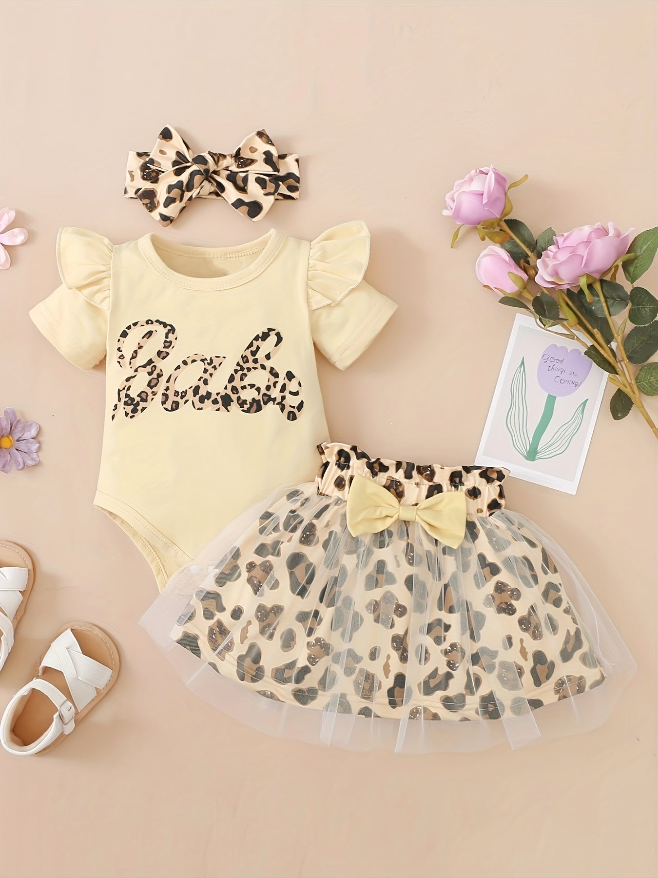 Baby Girls Cotton Ruffle Short Sleeve Bodysuit Matching Mesh Skirts Headband