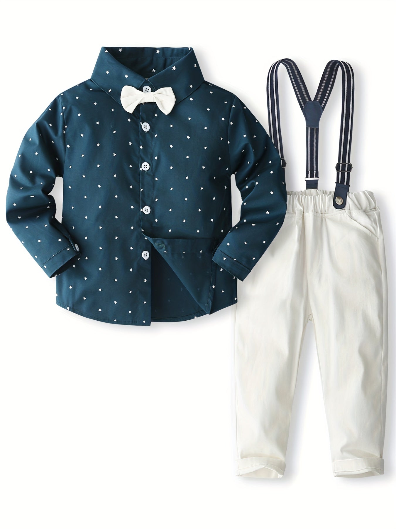 Toddler Boy's Star Pattern Bowtie Shirt & Overalls Set Outfits