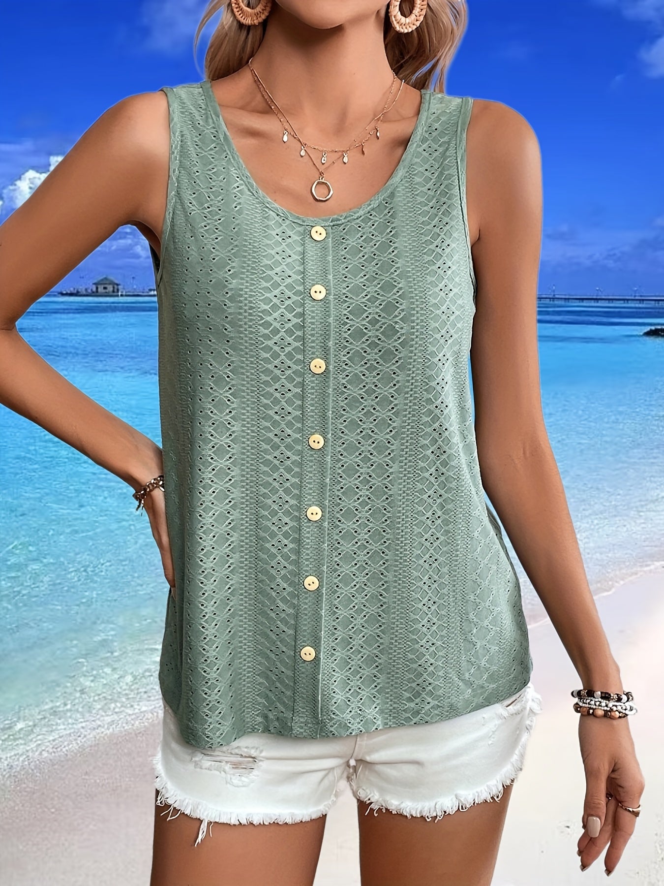 Eyelet Tank Top Crew Neck Summer Sleeveless Casual Tank Top