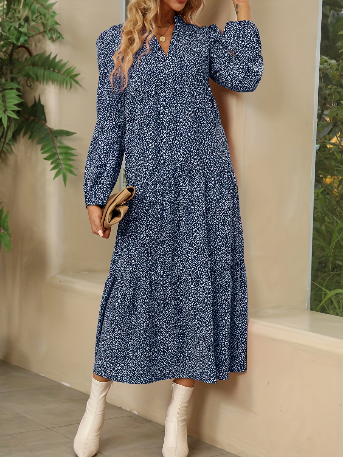 Leopard Print Tiered Dress V Neck Long Sleeve Maxi Dress Women's Clothing