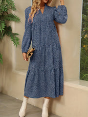 Leopard Print Tiered Dress V Neck Long Sleeve Maxi Dress Women's Clothing