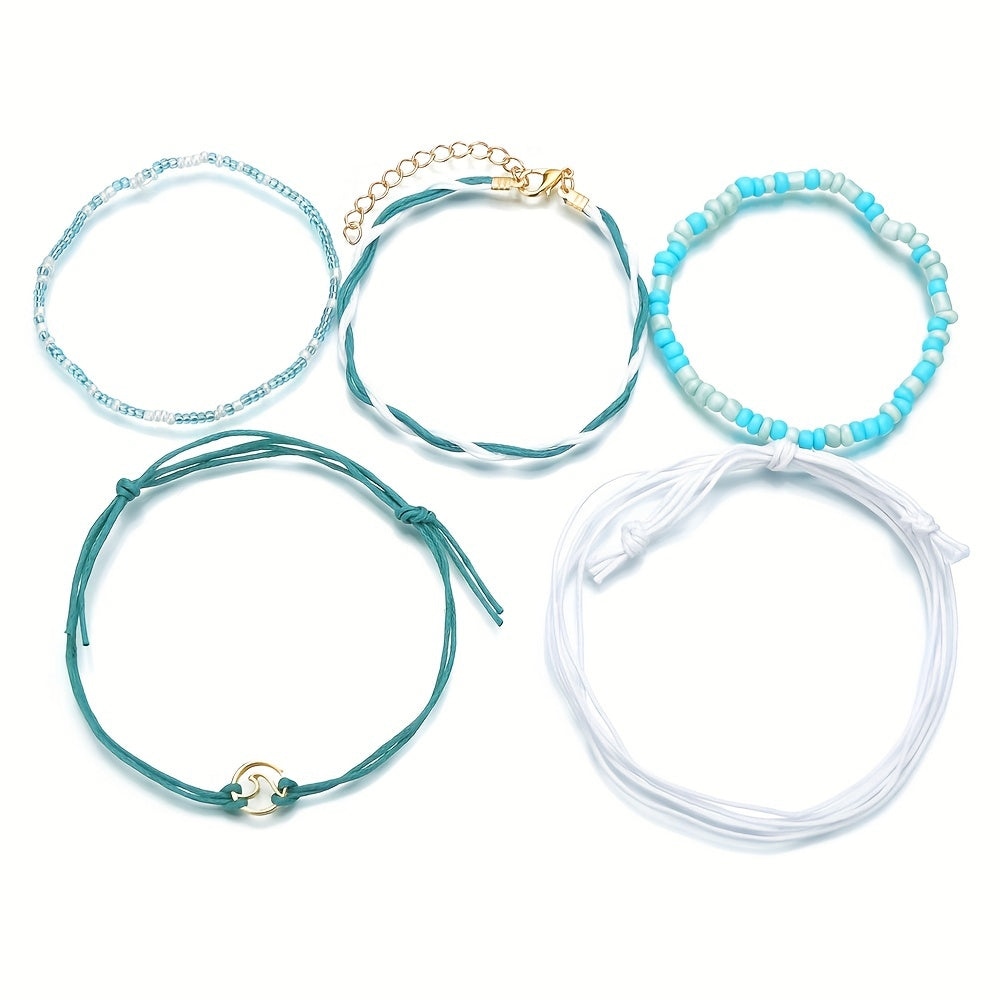 5 Pcs Ocean Style Wax Thread Anklet Set Rope Rice Beads Ankle Bracelet