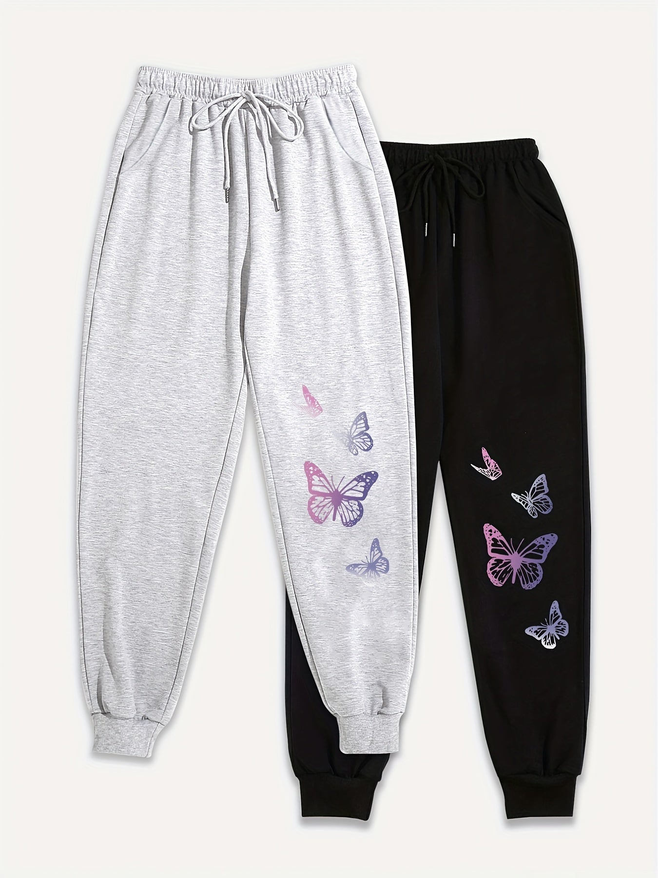 2 Pack Plus Size Butterfly Print Sports Pants Women's Fitness Joggers Set