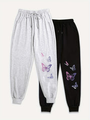 2 Pack Plus Size Butterfly Print Sports Pants Women's Fitness Joggers Set