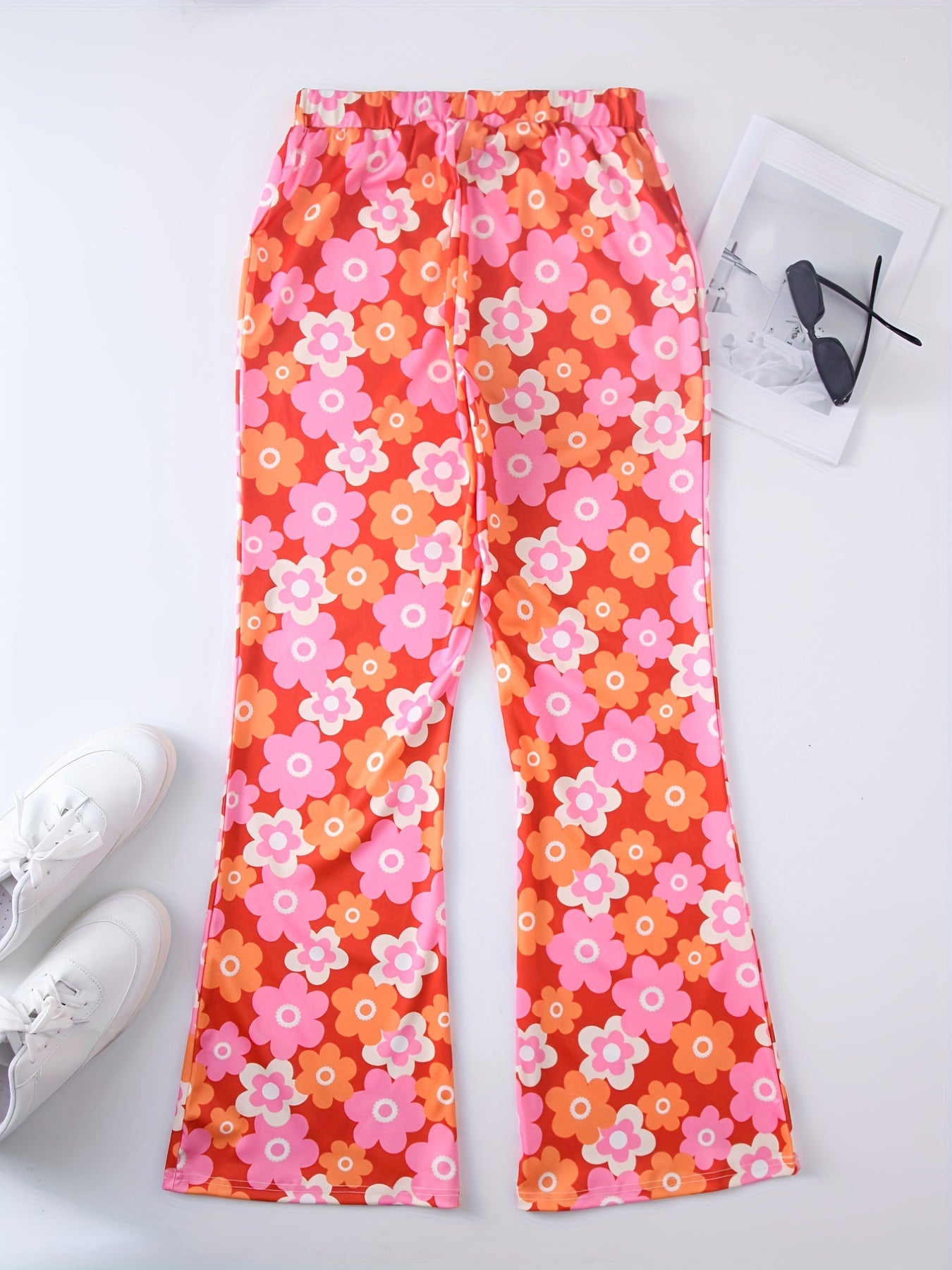 Floral Print High Waist Flare Leg Pants Elastic Waist Pants