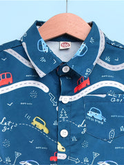 Boys Car Print Hawaiian Shirt Long Sleeve Button Down