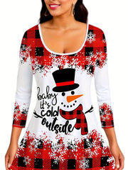 Women's Plus Size Christmas Outfit Set - Gingham & Snowman Print Top