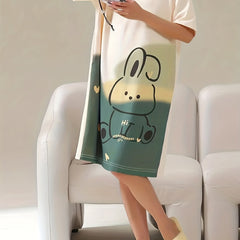 Bunny Print Lounge Dress Soft & Comfy Short Sleeve Home Dress