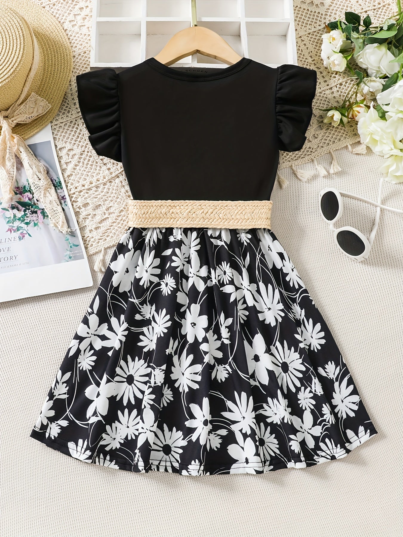 Toddler Girls Butterfly Sleeves Flowers Graphic Belted Princess Dress